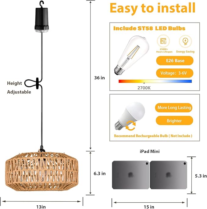 13 Battery Operated Outdoor Chandelier Battery Power Hanging Pendant Lights Woven Rattan Gazebo Light Outdoor Waterproof for Gazebo Pergola Porch Indoor Outdoor Decor Lighting
