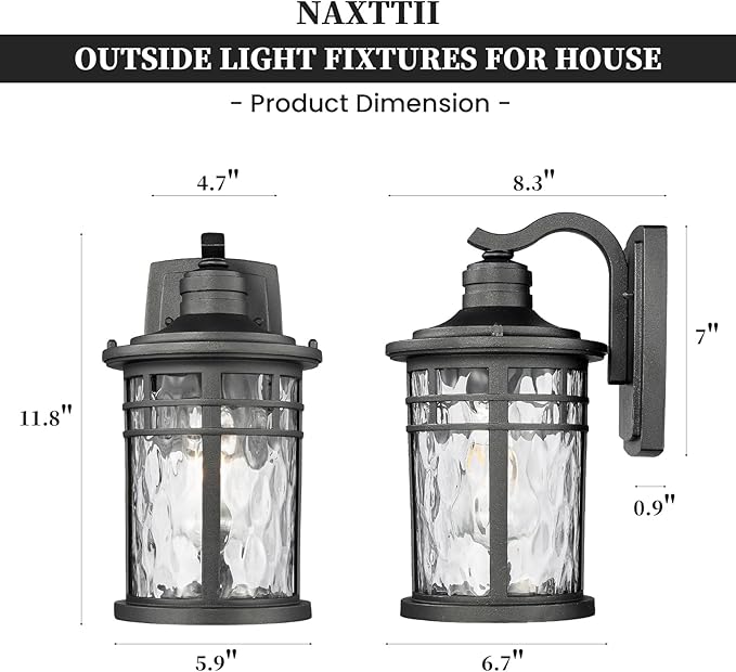Outdoor Wall Light Fixtures 12 Inch Black Exterior Wall Mount Lantern with Water Ripple Glass Porch Light Sconces for House Garage E26 Socket