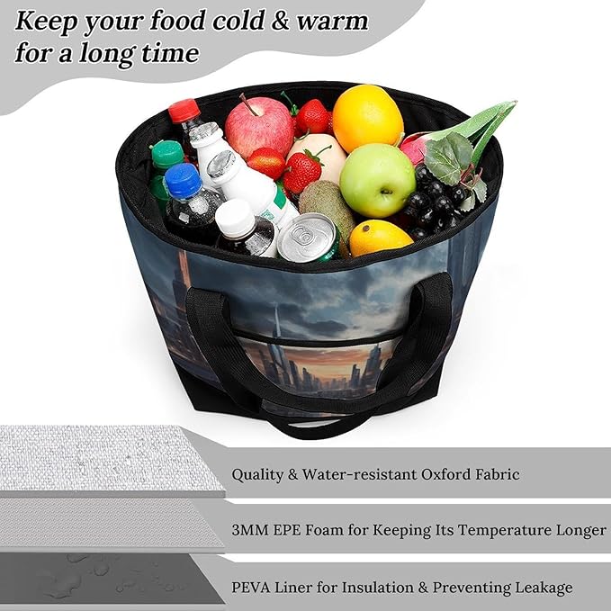 Insulated Shopping BagLarge Reusable Cooler Bags City Scape Printed Foldable Shopping BagTravel Waterproof Shoulder Bag