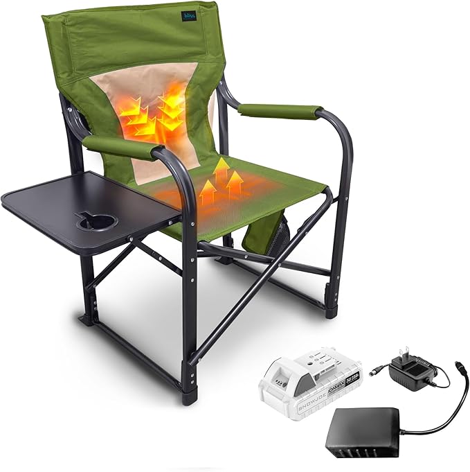 Bliss Hammocks 24 Volt Heated Directors Seat with 3 Heat Settings Folding Portable 21 Inch Wide Steel Frame Camping Chair - Battery Included Green