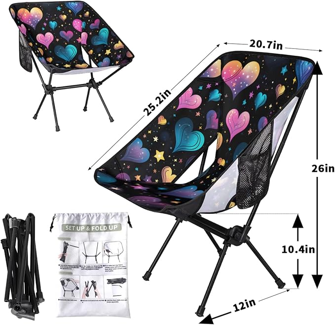 Honeybaby Folding Camping Chair Sweet Hearts Print Camping Chairs Lightweight Portable Chair Outdoor Foldable Chairs for Camping Travel Picnic Beach Hiking