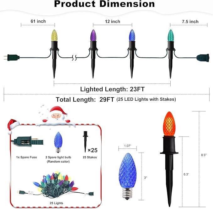 GAGALIFE 29Ft C9 Christmas Pathway Lights Outdoor - 25 LED Lights with 25 Marker Stakes for Walkway Waterproof Plug in C9 Christmas Light Outdoor for Driveway Yard Lawn Decorations Multicolor