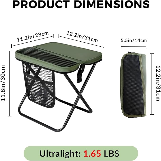 Portable Collapsible Stool - Folding Chair with Storage Pouch Convertible Satchel for Hands-Free Carry &amp Supports 265Lbs Ultralight for Hiking Fishing Camping Festivals (Green)
