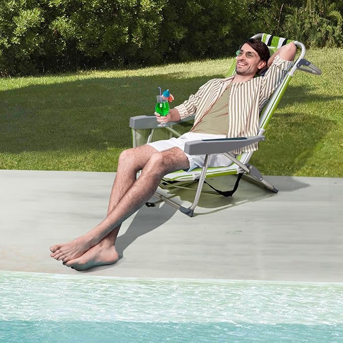 Bonnlo Low-Profile Folding Patio Chair with Headrest &amp Storage Pouch Lightweight Aluminum Frame Supports 220 lbs/100 kg Portable for Travel Lawn Poolside Camping Beach(Meadow Stripes)