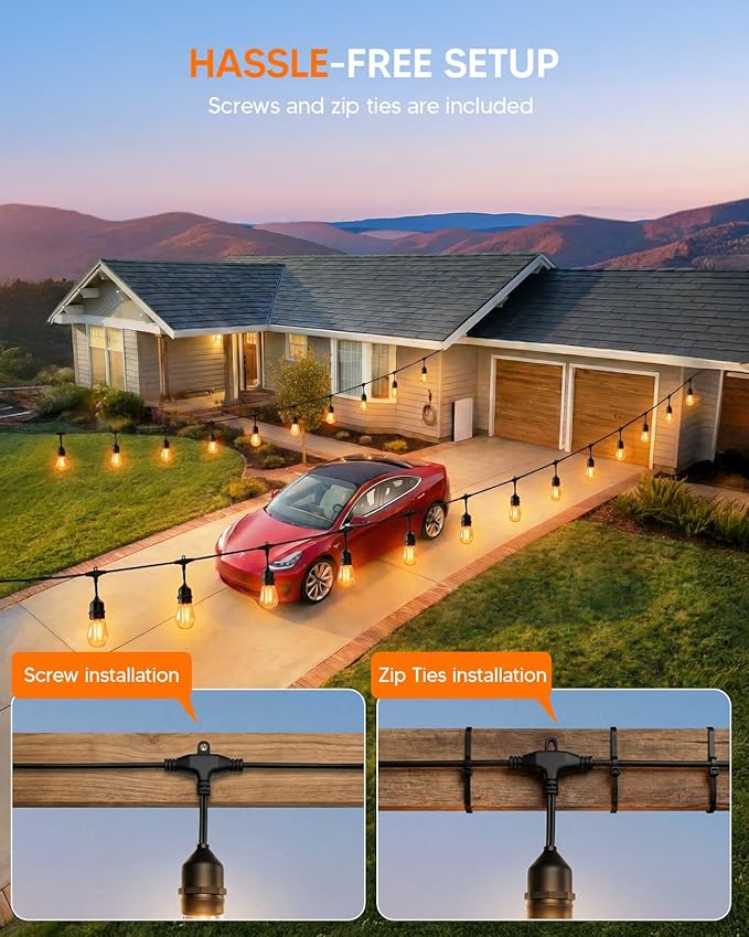 50FT S14 Outdoor String Lights 32+2 Shatterproof Bulbs 2W 1.5FT Spacing IP65 Waterproof| Dimmable with Remote Heavy-Duty Include Screw &amp Zip Ties for Patio Backyard Holiday Outside