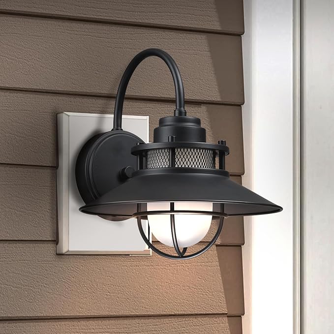 Black Farmhouse Gooseneck Barn Light Dusk to Dawn - Outdoor Wall Lantern with Photocell Sensor Porch Light Dusk to Dawn Outdoor Sconce for Barn Garage Patio E26