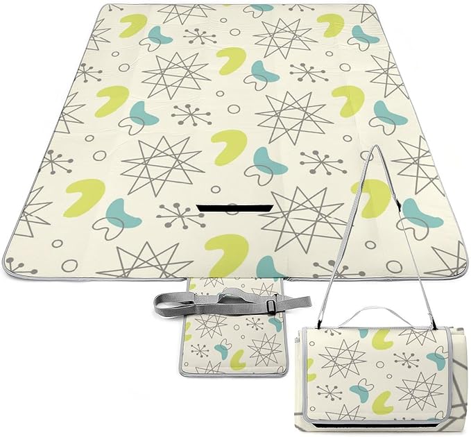 Modern Atomic Stars Retro Colors Stock Illustration Waterproof Outdoor Picnic Blanket Sandproof Beach Mat for Camping Hiking Grass Travelling