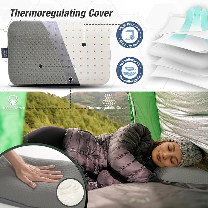alkamto Travel &amp Camping Comfortable Memory Foam Pillow – Easy to Carry Portable Bag – Temperature Regulating Pillow Case (Grey)