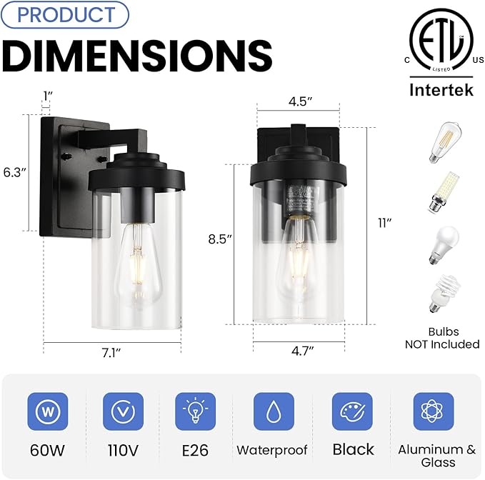 Outdoor Indoor Wall Sconce Set of 2 Modern Exterior Wall Lantern with Clear Glass Black Outside Lighting Wall Mount for Porch Patio Bathroom Vanity