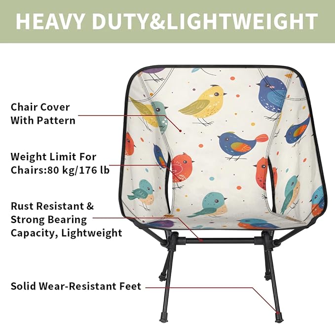 Honeybaby Folding Camping Chair Colorful Birds Camping Chairs Lightweight Portable Chair Outdoor Foldable Chairs for Camping Travel Picnic Beach Hiking