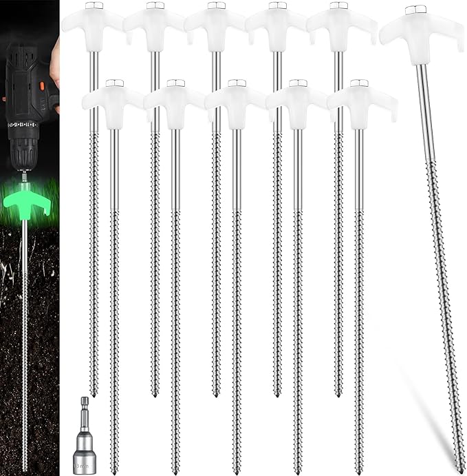 Hicarer 20 Pcs 12 Inch Tent Stakes Screw in Camping Stakes Heavy Duty Metal Spikes Ground Anchor Peg Threaded Tent Spikes with Hex Head Driver for Camping Garden Inflatable (Luminous White)