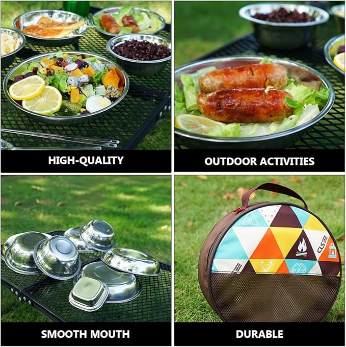 Portable Outdoor Camping Tableware Food-Grade Stainless Steel Plates Bowls Cutlery with Storage Bag Lightweight Compact Dining Tools for Hiking Picnic Rv and Travel