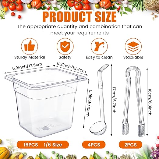 Rtteri 22 Pcs 1/6 Size Clear Plastic Pans Set: 16 Food Prep Containers &amp 2 Tongs &amp 4 Spoons for Salad Bar Buffet Restaurant Hotel Commercial Home for Fruit Vegetable Sauce Bean Corn Deli(6 Inc