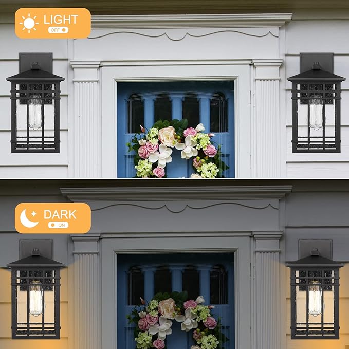 Outdoor Wall Lantern Exterior Light Fixture Wall Mount 1-Light Waterproof Outdoor Lighting Fixture with Seeded Glass for Porch Garage Patio Hallway Entryway Black