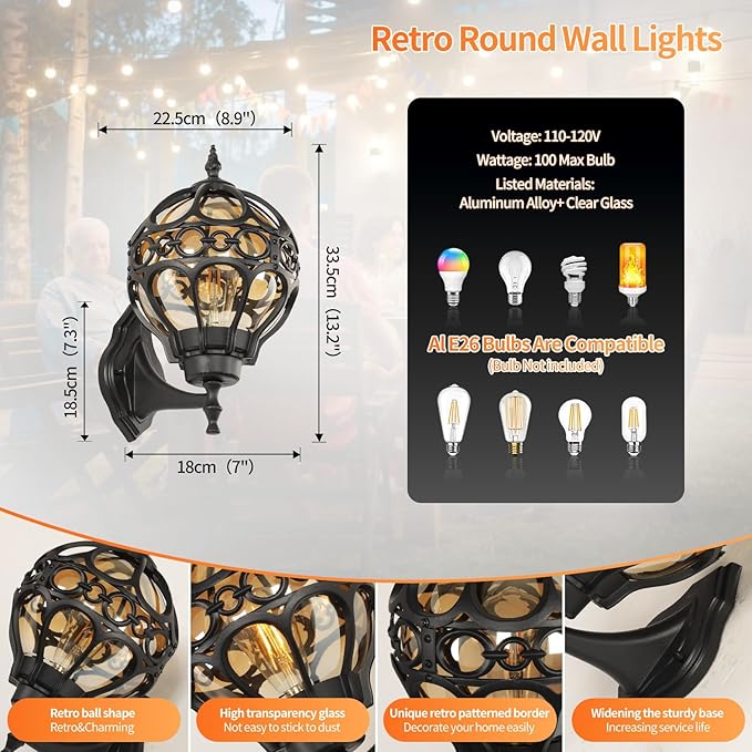 Globe Outdoor Wall Lights Fixtures Anti Rust Black Sphere Porch Wall LightAluminum Waterproof Outside spherical hardwired Lights for House Patio Porch Backyard Garage Front Door No SensorGeneral