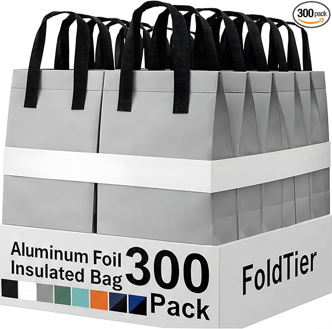 300 Pack Insulated Bags Bulk for Food Delivery 9.5 x 9.5 x 6 Thermal Take Away Bag for Hot Cold Food Coffee Milk Pizza Seafood Disposable Grocery Bag for Catering Restaurant(Grey)