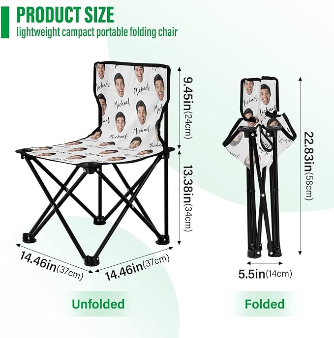 Sinestour White Custom Photo Folding Camping Chair for Teen Child Personalized Name 14.6×14.6in Portable Outdoor Chair with Carry Bag for Picnic Barbeques Beach