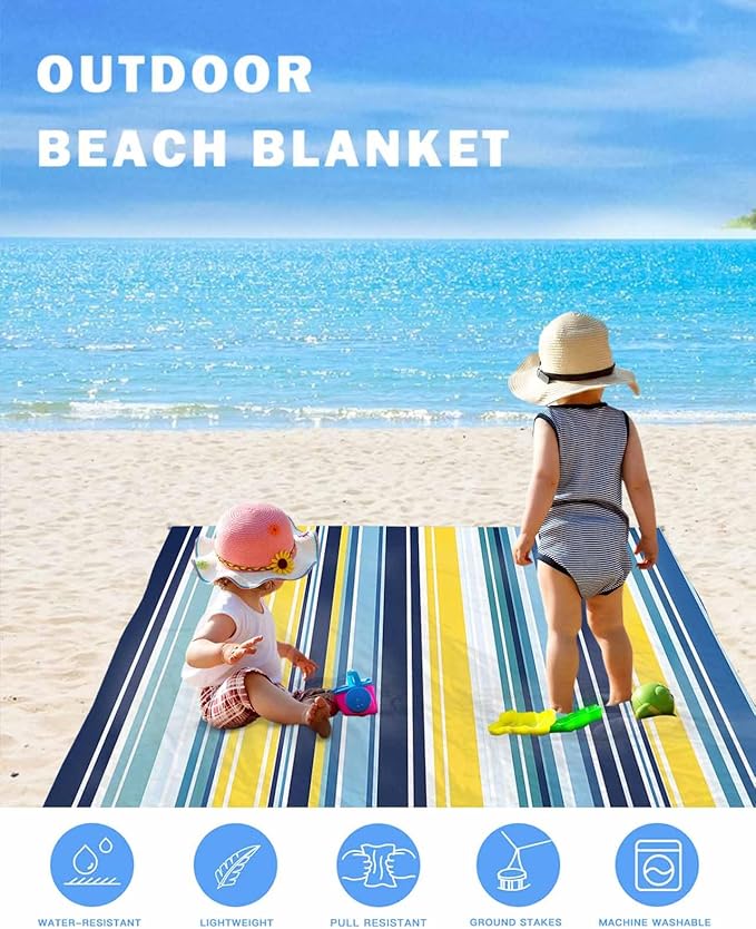 Beach Blanket Waterproof Sandproof Picnic Blanket 83x79 Foldable Beach Mat with Colorful Stripes Texture Art Summer Beach Pattern for Camping Park Grass Beach Travel