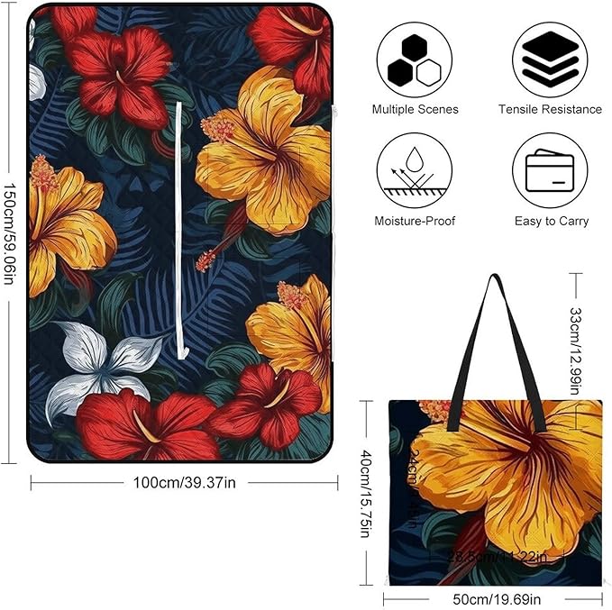 Zipper Realistic Hawaiian Flowers Style Picnic Mat Suitable for Travel Camping Park Or Home Use