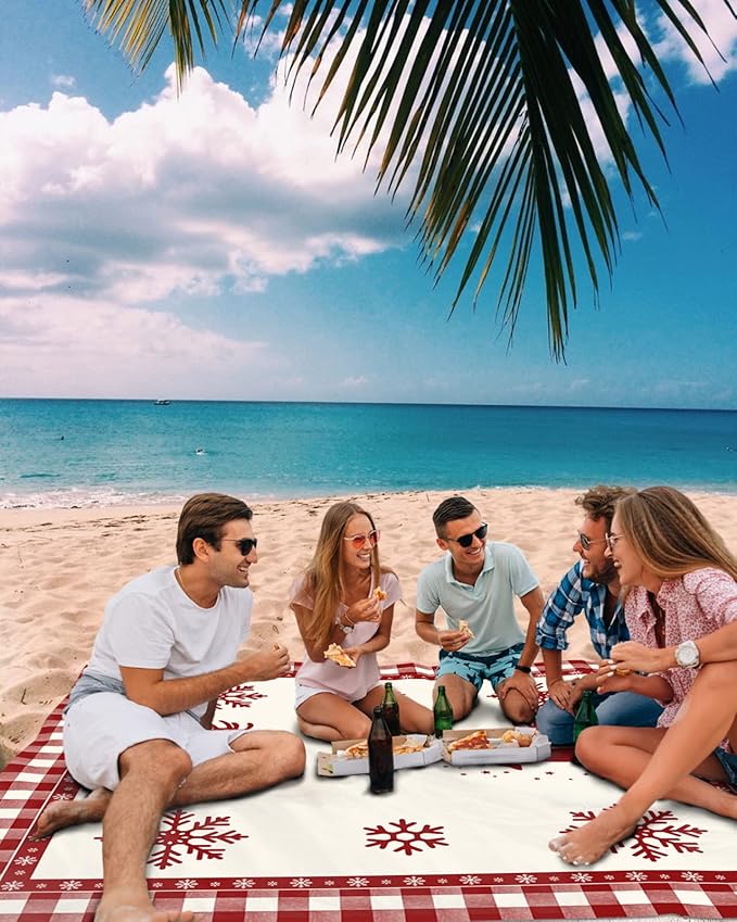 Beach Blanket Waterproof Sandproof OversizedChristmas Animal Elk Winter Snowflake Beach Mat with Corner Stakes Sand PocketsRed Buffalo Plaid White Check Outdoor Picnic Mat for Travel 95x80In