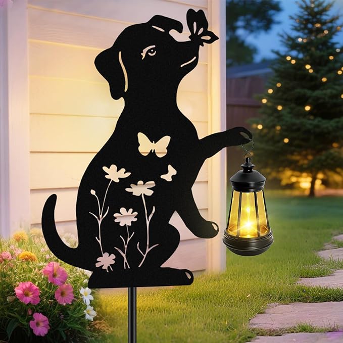 Solar Lights Outdoor Stakes Metal Dog Solar LightsBirthday Gifts for Women Mom Grandma Waterproof Hanging Lantern Garden Ornaments Decor Outside Backyard Yard Art Patio Pathway