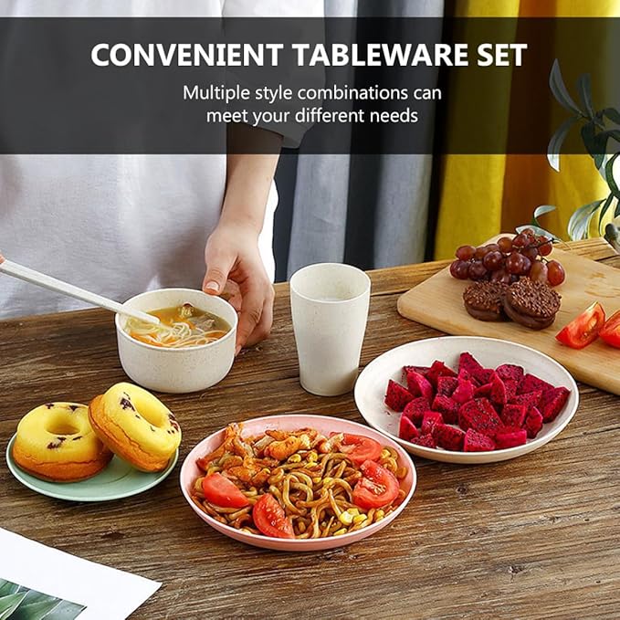 28pcs Portable Wheat Straw Cutlery Set with Plates Bowls Cups and Chopsticks Household Dinnerware for Camping and Home Use Food-safe Eco-friendly Tableware