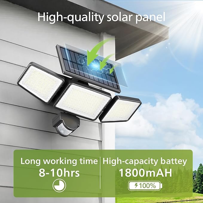 Philips Solar Security Light Outdoor Light 302 LEDs 1200lmSolar-Powered Waterproof Wall-Mounted Flood Light w/PIR Motion Sensor 3 Heads IP65 Waterproof 3 Modes (1 Pack)