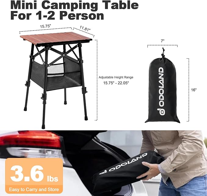 Odoland Folding Camping Table 15.75 x 11.81 Adjustable Height Small Portable Beach Table with Storage Bag for Outdoor Camp Cooking Picnic Travelling Backyards Fishing