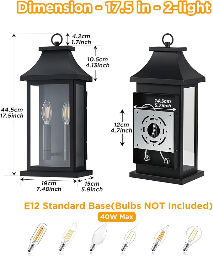 Large Outdoor Wall Lights Outside Lights Exterior Lighting Fixtures Wall Mount Wall Sconce Light Outdoor Lanterns for Porch Black 18 2-Light 1-Pack