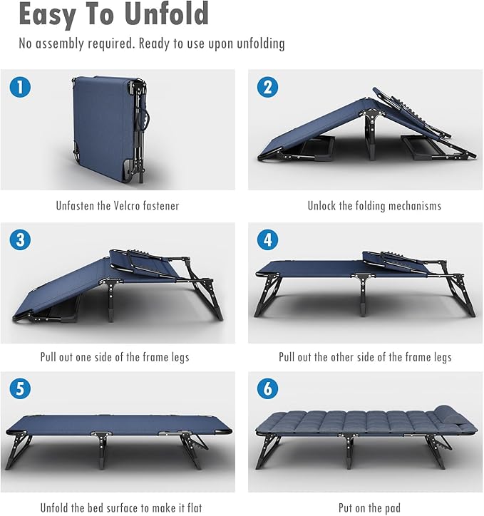 ATORPOK Folding Camping Cot for Adults with Padded Mattress and Pillow Adjustable Reclining Lounger Sleeping Cot Bed Ideal for Camping Travel Garden or Office Use Blue