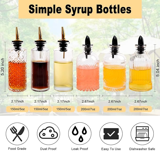 ChezMax Syrup Dispenser Bottles Set of 6 Simple Syrup Bottle for Coffee Bar Accessories 5oz &amp 7oz Glass Coffee Syrup Dispenser Syrup Containers for Maple Honey Syrup Oil Metal Pour Spouts &amp
