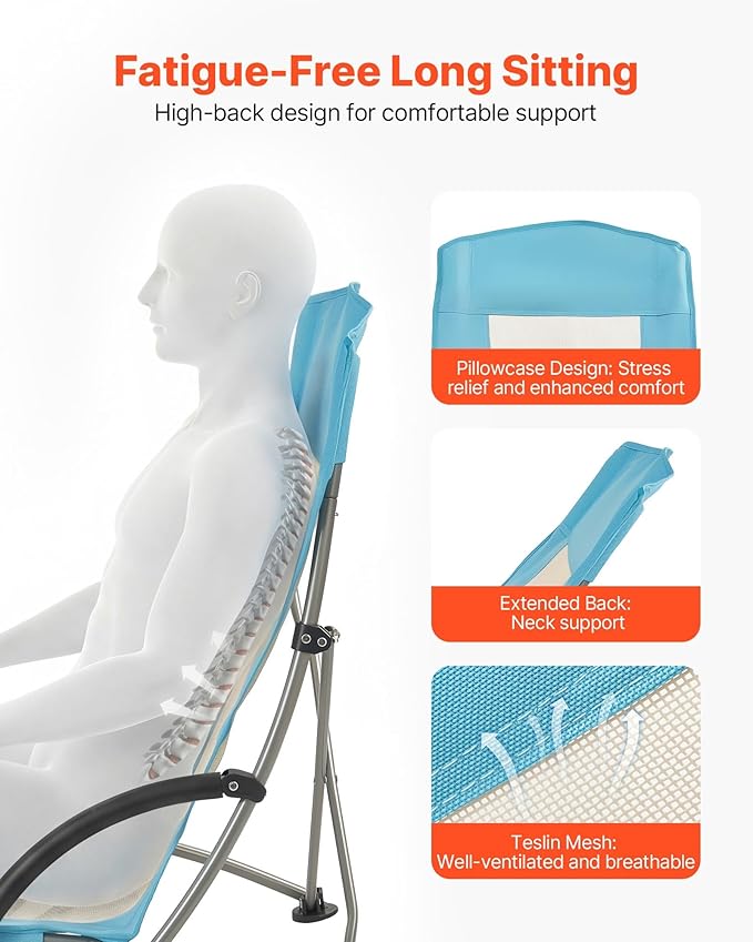 VEVOR Folding Beach Chair High Back Camping Chairs for Adults with Cup Pocket Mesh Back Carry Bag Portable Extra Wide Seat Chair 330 lbs Heavy Duty Support for Outdoor Camp Light Blue 2 Pack
