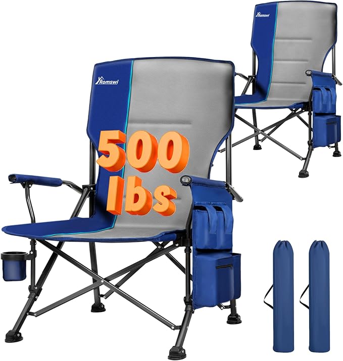 Romswi Oversized Camping Chairs 2 Pack 500 LBS Heavy Duty Folding Lawn Chairs with Hard Armrests Wide Seat Outdoor Chairs with Cup Holder &amp Side Pocket for Camping Beach Sports Backyard