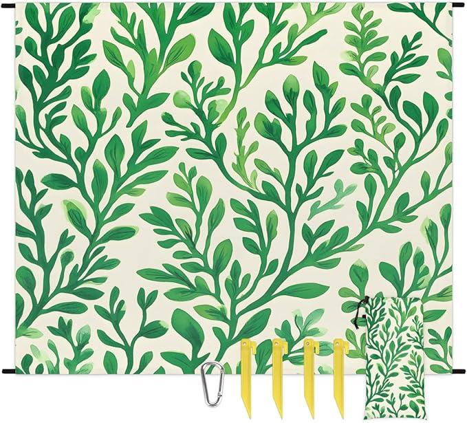 Waterproof Sandproof Beach Blanket 59''×68'' Bouquet Leaves Polyester Outdoor Picnic Blanket with 4 Stakes &amp Storage Bag for BeachCampingVacation Green
