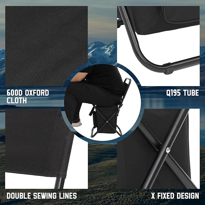 FUNDANGO Portable Fishing Chair Lightweight Backrest Stool Compact Folding Chair with Cooler Bag for Outdoors Hiking Hunting Travel Supports 265 Lbs (Black)