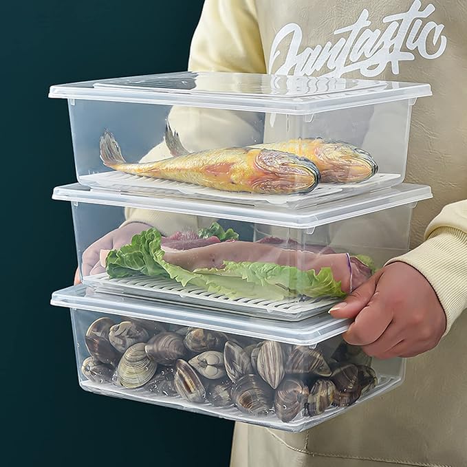 Food Storage Container Plastic Food Containers with Removable Drain Plate and Lid Stackable Portable Freezer Storage Containers - Tray to Keep Fruits Vegetables Meat (X-Large(4PCS))