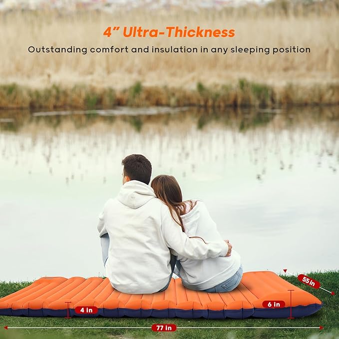 4 Inch Thick Camping Sleeping Pad with Internal Straps - R Value 4.0 for 4 Seasons Durable &amp 100% Waterproof Outdoor Air Mattress Lightweight Sleeping Mat for Hiking Backpacking Travel