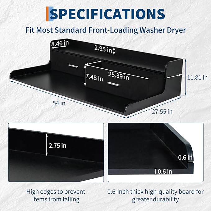 Laundry Countertop for Washer and Dryer 54''W x 27.55''D with 2 Storage Drawers &amp Edge Rails Black MDF Top for Laundry Room Organization