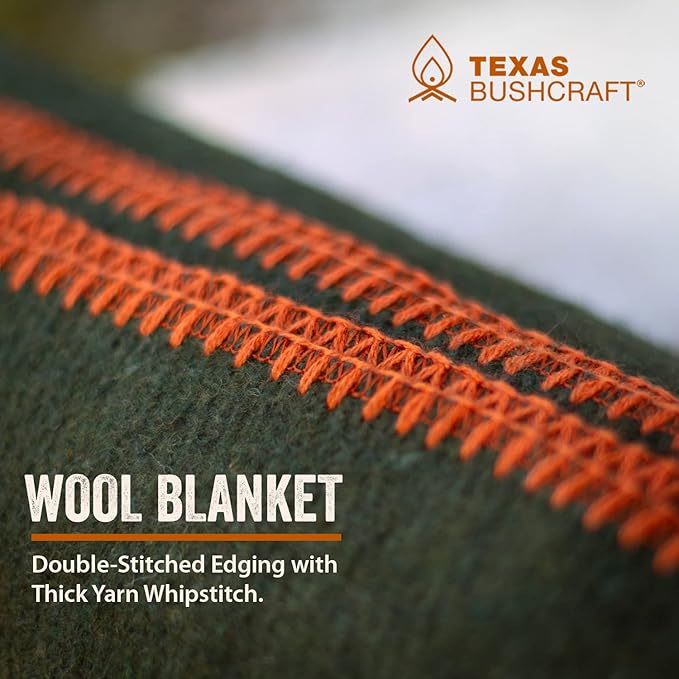 Texas Bushcraft Merino Wool Blanket for Camping Hiking and Backpacking - Water and Fire Resistant Camp Car Blanket Fast-Warming and Durable With Double-Stitched Edging (66 x 90)