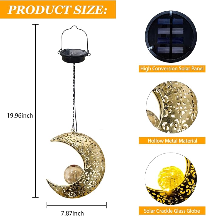 Solar Garden Hanging Moon Lights Outdoor Decor2 Pack Metal Lanterns Art Decorations for Outside Yard Lawn Patio Wall Fences Driveway TrailUnique Housewarming Gardening Gifts for Women Mom
