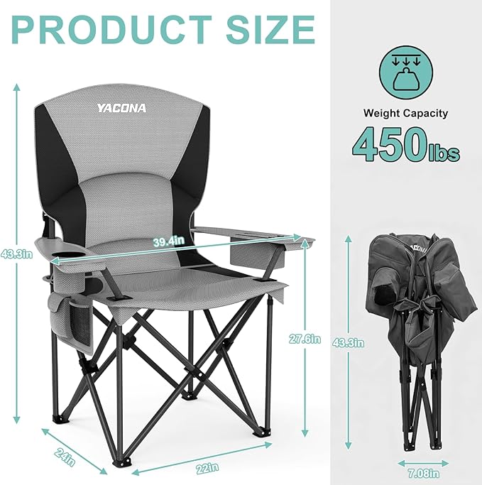 Oversized Camping Chairs 2 Pack - 450lbs Support Folding Camping Chair for Adults w/Padded Back &amp Arm Sport Chairs Cup Holder Cooler Bag Heavy Duty Portable Lawn Chairs for Sports Garden Beach
