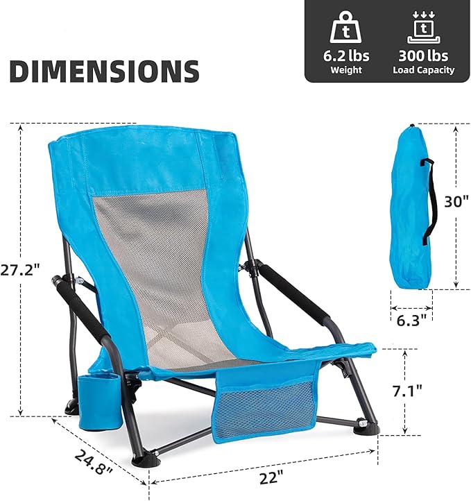 Portable Folding Beach Chair for Adults Set of 2- Lightweight Low Back Sling Chair with Cup Holder &amp Storage Pocket 300lbs Capacity Camping Chair for Outdoor Lawn Concert Travel (Blue)