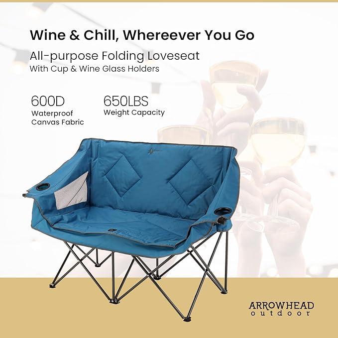 ARROWHEAD OUTDOOR Portable Folding Double Duo Camping Chair Loveseat w/ 2 Cup &amp Wine Glass Holder Heavy-Duty Carrying Bag Padded Seats &amp Armrests Supports up to 500lbs USA-Based Support