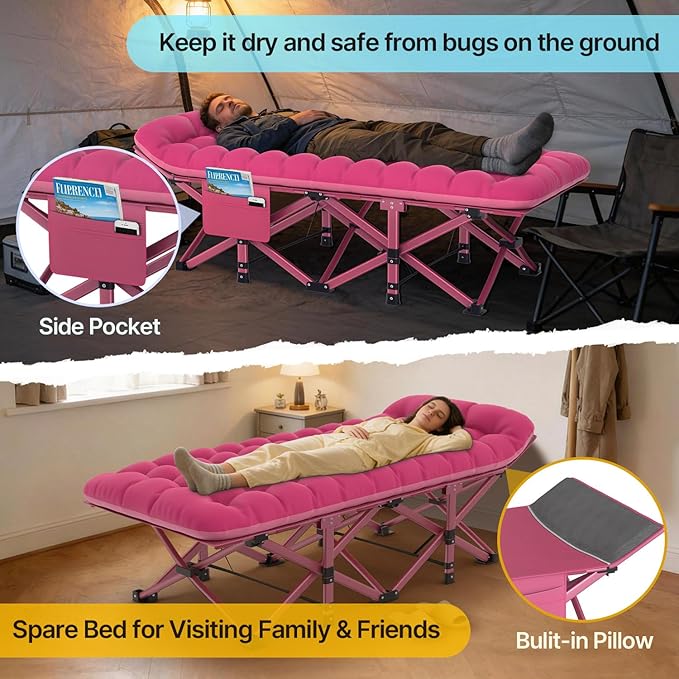 Slendor XXL Folding Camping Cot for Adults with Mattress Pillow Carry Bag 32 inch Extra Wide Portable Sleeping Cot 900LBS Support Outdoor Cot Bed for Office Nap Beach Travel RV