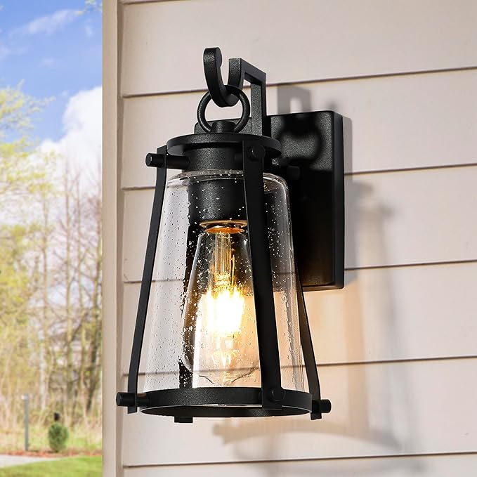 Outdoor Wall Lantern Light Fixture Black Exterior Wall Mounted Sconces with Seeded Glass Farmhouse Anti-Rust Porch Lights for Front Door Garage Entry Porch Patio and Gazebo