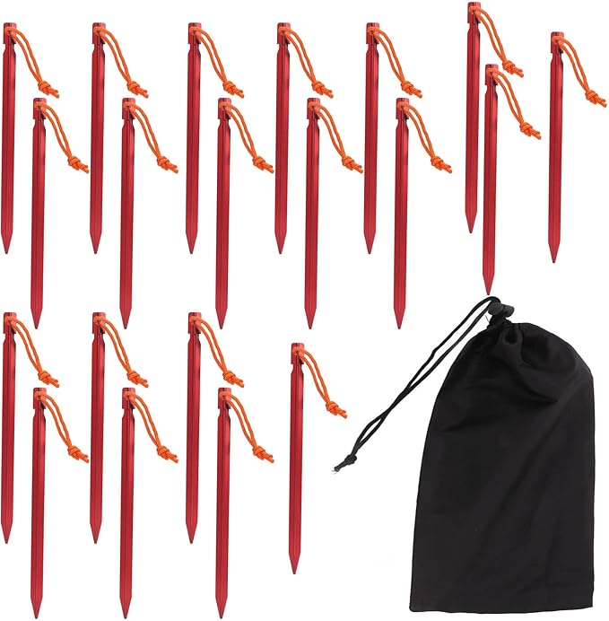20pcs V Shape Heavy Duty Tent Stakes with Ropes Aluminum Alloy Tent Pegs for Camping Canopy 9 Inch Long Outdoor Tent Garden Stakes for Secure Ground Penetration in All Soil Types (Red)