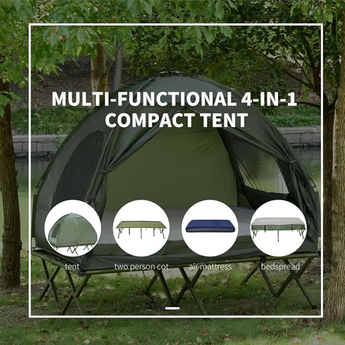 2 Person Foldable Camping Cot with Tent Bedspread and Thick Air Mattress 4-in-1 Elevated Camping Bed Tent for Outdoor Hiking Picnic Travel