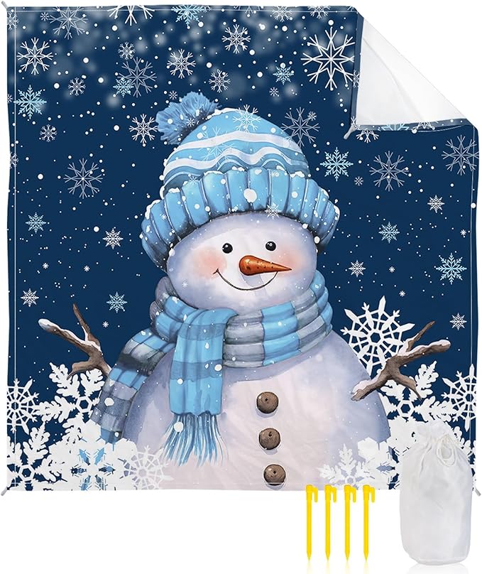 Beach Blanket Waterproof Sandproof Merry Christmas Snowman Winter Snow Quick Drying Beach Mat with 4 Stakes White Snowflakes Blue Back Lightweight Picnic Blanket for Travel Camping Outdoor 108x84