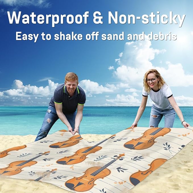 Waterproof Sandproof Beach Blanket 59''×68'' Violins Polyester Outdoor Picnic Blanket with 4 Stakes &amp Storage Bag for BeachCampingVacation Straw-Yellow