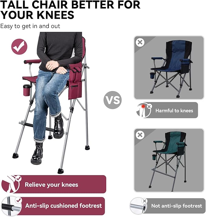 Foldable Directors Makeup Salon High Chair - Portable Camping Bar Height Folding Photoshoot Chairs with Stroage Bag Cup Holder Non-Slip Footrest Supports 400 lbs Red Tall Director Chair